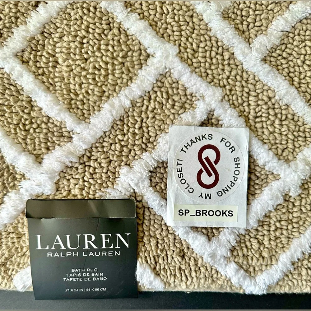 🎁Ralph Lauren Bath Rug - Skid Resistant- Cotton - 21” x 34”- Taupe & White